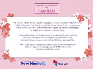 Um familiar adulto deverá resgatar um jogo de tabuleiro em casa. Pode ser de sua
infância (Jogo da Vida, Banco Imobiliário, Damas, Dominó etc.) e ensinar aos
filhos durante a partida a importância das regras, a postura, as estratégias
e a ética de se jogar com transparência.
Importante lembrar e reforçar sempre o cumprimento antes e ao final
da partida, desejando um bom jogo e agradecendo ao final,
pelo aprendizado e experiência, independente de quem ganhou.
OBS.: Se desejar, a criança poderá combinar previamente com o professor
de levar o jogo que aprendeu para a aula de MenteInovadora
e ensinar aos colegas da turma.
 