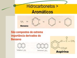 Hidrocarbonetos >
              Aromáticos



São compostos de extrema
importância derivados do
Benzeno
 
