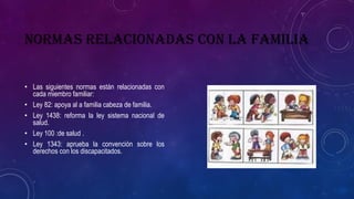 NORMAS RELACIONADAS CON LA FAMILIA
• Las siguientes normas están relacionadas con
cada miembro familiar:
• Ley 82: apoya al a familia cabeza de familia.
• Ley 1438: reforma la ley sistema nacional de
salud.
• Ley 100 :de salud .
• Ley 1343: aprueba la convención sobre los
derechos con los discapacitados.
 