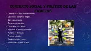 CONTEXTO SOCIAL Y POLÍTICO DE LAS
FAMILIAS
• Cambios se ha dado económicamente:
• Desempeño económico del país.
• Convergencia social.
• Transición demográfica.
• Disminución de la pobreza.
• Reducción de destrucción infantil.
• Aumento de desigualad
• Progreso educativo
• Revolución de las mujeres
• Transformación de las mujeres
 