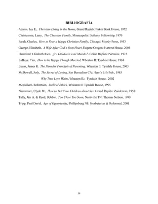 BIBLIOGRAFÍA
Adams, Jay E., Christian Living in the Home, Grand Rapids: Baker Book House, 1972
Christenson, Larry, The Christian Family, Minneapolis: Bethany Fellowship, 1970
Farah, Charles, How to Rear a Happy Christian Family, Chicago: Moody Press, 1953
George, Elizabeth, A Wife After God’s Own Heart, Eugene Oregon: Harvest House, 2004
Handford, Elizabeth Rice, ¿Yo Obedecer a mi Marido?, Grand Rapids: Portavoz, 1972
LaHaye, Tim, How to be Happy Though Married, Wheaton Il: Tyndale House, 1968
Lucas, James R. The Paradox Principle of Parenting, Wheaton Il: Tyndale House, 2003
McDowell, Josh, The Secret of Loving, San Bernadino CA: Here’s Life Pub., 1985
Why True Love Waits, Wheaton IL: Tyndale House, 2002
Mcquilken, Robertson, Biblical Ethics, Wheaton Il: Tyndale House, 1995
Narramore, Clyde M., How to Tell Your Children about Sex, Grand Rapids: Zondervan, 1958
Tally, Jim A. & Reed, Bobbie, Too Close Too Soon, Nashville TN: Thomas Nelson, 1990
Tripp, Paul David, Age of Opportunity, Phillipsburg NJ: Presbyterian & Reformed, 2001
38
 