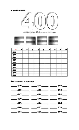 Familia del:
400 Unidades: 40 decenas: 4 centenas
+ 1 2 3 4 5 6 7 8 9
400
410
420
430
440
450
460
470
480
490
Antecesor y sucesor
_____ 400 ______ _____401______ ______ 402 ____
_____ 410 ______ _____421______ ______ 439 ____
_____ 447 ______ _____451______ ______ 462 ____
_____ 470 ______ _____486______ ______ 495 ____
_____ 403 ______ _____414______ ______ 424 ____
_____ 450 ______ _____467______ ______ 476 ____
_____ 484 ______ _____491______ ______ 498 ____
 