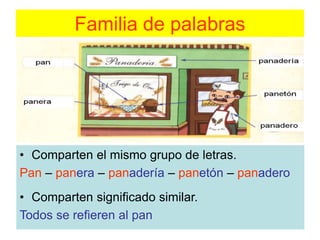 Familia de palabras
• Comparten el mismo grupo de letras.
Pan – panera – panadería – panetón – panadero
• Comparten significado similar.
Todos se refieren al pan
 