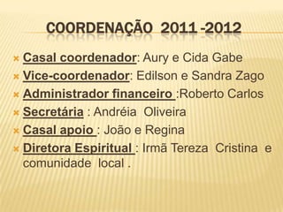 COORDENAÇÃO 2011 -2012
 Casal coordenador: Aury e Cida Gabe
 Vice-coordenador: Edilson e Sandra Zago

 Administrador financeiro :Roberto Carlos

 Secretária : Andréia Oliveira

 Casal apoio : João e Regina

 Diretora Espiritual : Irmã Tereza Cristina e
  comunidade local .
 