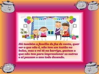 Há também a família do faz de conta, quer
ser o que não é, não tem um tostão no
bolso, mas o rei tá na barriga, gastam o
que não tem para impressionar os outros
e ai passam o ano todo devendo.
 