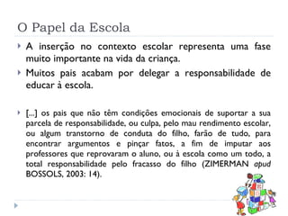 O Papel da Escola A inserção no contexto escolar representa uma fase muito importante na vida da criança. Muitos pais acabam por delegar a responsabilidade de educar à escola. [...] os pais que não têm condições emocionais de suportar a sua parcela de responsabilidade, ou culpa, pelo mau rendimento escolar, ou algum transtorno de conduta do filho, farão de tudo, para encontrar argumentos e pinçar fatos, a fim de imputar aos professores que reprovaram o aluno, ou à escola como um todo, a total responsabilidade pelo fracasso do filho (ZIMERMAN  apud  BOSSOLS, 2003: 14).  