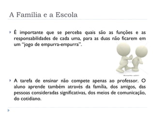A Família e a Escola É importante que se perceba quais são as funções e as responsabilidades de cada uma, para as duas não ficarem em um “jogo de empurra-empurra”. A tarefa de ensinar não compete apenas ao professor. O aluno aprende também através da família, dos amigos, das pessoas consideradas significativas, dos meios de comunicação, do cotidiano. 
