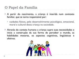 O Papel da Família A partir do nascimento, a criança é inserida num contexto familiar, que se torna responsável por: cuidados físicos, pelo desenvolvimento psicológico, emocional, moral e cultural desta criança na sociedade. Através do contato humano a criança supre suas necessidades e inicia a construção da sua forma de perceber o mundo, as habilidades motoras, os aspectos cognitivos, lingüísticos e afetivos.  