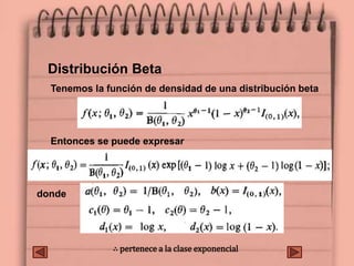 Distribución Beta
Tenemos la función de densidad de una distribución beta
Entonces se puede expresar
∴ pertenece a la clase exponencial
donde
 
