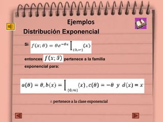 Ejemplos
Si
entonces pertenece a la familia
exponencial para:
Distribución Exponencial
∴ pertenece a la clase exponencial
 