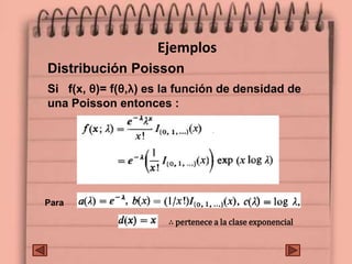 Distribución Poisson
Ejemplos
Si f(x, θ)= f(θ,λ) es la función de densidad de
una Poisson entonces :
Para
∴ pertenece a la clase exponencial
 