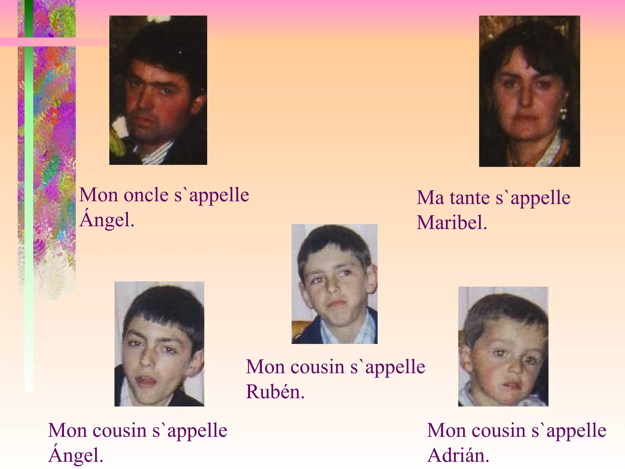 Mon cousin s`appelle Ángel. Mon cousin s`appelle Rubén. Mon cousin s`appelle Adrián. Mon oncle s`appelle Ángel. Ma tante s`appelle Maribel.