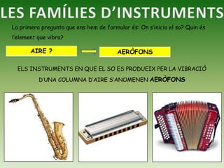 LES FAMÍLIES D’INSTRUMENTSLa primera pregunta que ens hem de formular és: On s’inicia el so? Quin és l’element que vibra?ELS INSTRUMENTS EN QUE EL SO ES PRODUEIX PER LA VIBRACIÓ D’UNA COLUMNA D’AIRE S’ANOMENEN AERÒFONS