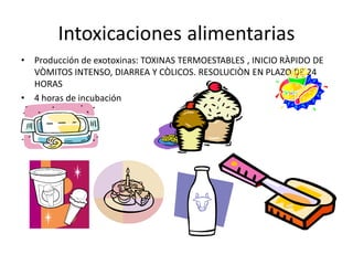 Intoxicaciones alimentarias 
•  Producción de exotoxinas: TOXINAS TERMOESTABLES , INICIO RÀPIDO DE 
   VÒMITOS INTENSO, DIARREA Y CÒLICOS. RESOLUCIÒN EN PLAZO DE 24
   VÒMITOS INTENSO, DIARREA Y CÒLICOS. RESOLUCIÒN EN PLAZO DE 24 
   HORAS 
•  4 horas de incubación 
 