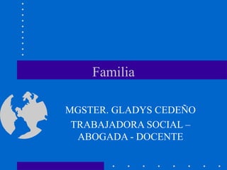 Familia
MGSTER. GLADYS CEDEÑO
TRABAJADORA SOCIAL –
ABOGADA - DOCENTE
 