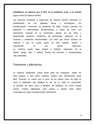 11
estadísticos se observa que el 50% de la población sufre o ha sufrido
alguna forma de violencia familiar.
Las personas sometidas a situaciones de violencia familiar presentan un
debilitamiento de sus defensas físicas y psicológicas, con
desvalorización, incremento de problemas de salud, muchos padecen de
depresión o enfermedades psicosomáticas, y deseo de morir, con
disminución marcada de su rendimiento laboral. En los niños y
adolescentes aparecen: problemas de aprendizaje, trastornos de la
conducta y problemas interpersonales. Los niños que fueron victimas de
violencia o que se criaron dentro de este contexto, tienden a
reproducirlos en sus futuras relaciones.
La violencia puede estar dirigida a distintos integrantes de la
familia: pareja, hijos y padres. Siendo los ancianos y discapacitados
más vulnerables.
Tratamiento y alternativas
La violencia intrafamiliar puede darse entre los conyugues, siendo los
hijos testigos, o bien estos maltratos pueden caer directamente sobre
ellos. Teniendo en cuenta que el amor de los padres hacia los hijos es
como el fertilizante que fortalece la raìz de un árbol en crecimiento,
el privarlos de dicho amor o llenarlos de maltratos, es como echarle
veneno. Existen alternativas para ayudar a reparar estos daños
provocados por estos comportamientos destructivos.
 
