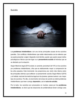 16
Suicidio
Los problemas intrafamiliares son una de las principales causas de los suicidios
juveniles. Son conflictos intrafamiliares que están relacionados con la violencia que
se puede presentar a algún integrante de la familia, puesto que puede causar daños
psicológicos o físicos que dan lugar a un pensamiento suicida al individuo que se
ve afectado por la situación.
Según Medicina legal (2015) existe un aumento porcentual del 10% en los suicidios
por problemas intrafamiliares, cifra que es relativamente mayor a comparación de
los años pasados. Este incremento nos proporciona una visión más interna sobre
las principales víctimas que conllevan un pensamiento suicida. Según María I (2016)
y el instituto nacional de medicina legal son los jóvenes quienes tuvieron una mayor
tasa de suicidios. Por ello, el crecimiento de la tasa de suicidio se debió problemas
intrafamiliares que traen consigo depresión y así el acto de suicidio.
Por lo tanto, los suicidios son provocados en muchos casos por los problemas
intrafamiliares; es decir que las situaciones de problemáticas tienen consigo unas
 