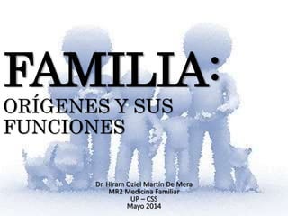FAMILIA:
ORÍGENES Y SUS
FUNCIONES
Dr. Hiram Oziel Martín De Mera
MR2 Medicina Familiar
UP – CSS
Mayo 2014
 