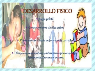  Juegapelota
 Construye torre de diez cubos
 Puede sujetarel lápiz en formamás correcta
 Dibujacon mas sentido, pintan variospersonajes que
tienen relación con su entorno
DESARROLLO FISICO
 