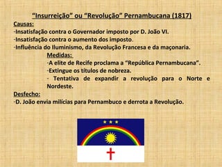 “Insurreição” ou “Revolução” Pernambucana (1817)
Causas:
-Insatisfação contra o Governador imposto por D. João VI.
-Insatisfação contra o aumento dos imposto.
-Influência do Iluminismo, da Revolução Francesa e da maçonaria.
Medidas:
-A elite de Recife proclama a “República Pernambucana”.
-Extingue os títulos de nobreza.
- Tentativa de expandir a revolução para o Norte e
Nordeste.
Desfecho:
-D. João envia milícias para Pernambuco e derrota a Revolução.
 