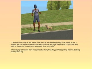 "Generations of dogs at this house have lined up and waited patiently to be patted by me. I
always like this house cause the dogs were nice that way. Now they line up to fight over who
gets to chase me. I'm asking my supervisor for a new route!"

I keep trying to breed in more nice genes but if anything they just keep getting meaner. Bad dog
Sassy! Bad Dog!
 