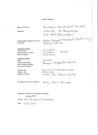 Driver's Report



.Name of Driver                                 J"..d..<3lf'rCL       O~d;,)7o..{<::'.t:?u..- t-:5C1Pt"tJLcffJ;Yl

Address
                                                                  ,   "'l.:::'J:.(.       t<,pf.y~l4..."
                                          Df:';X- ~ Eeef!ct)'!( Ka,.7 v...Jq.l='- ~)

                                                                                             Pvt
Transporter's Name & Tel. No.        : r.{~7
Truck No
                                     :K              (~
Licence's Details
Licence No.
Date & place of issue
Date of expiry

Accident Details
Date
Place of accident
(with District & State)
Cause of Accident

Chassis No                                          !to?(    76                       7      Z~
Engine No                        : (!)C; (      6 5"" D g
Model & Colour
                                 :    f    ~ •• -   ~ ..   D1. /V~co1                 ~?td


Damage due to the accident




Signature of driver or transport contractor
           GWNDfrA
(Name:                          63tJw,~l)
Date:
                          4'.
 