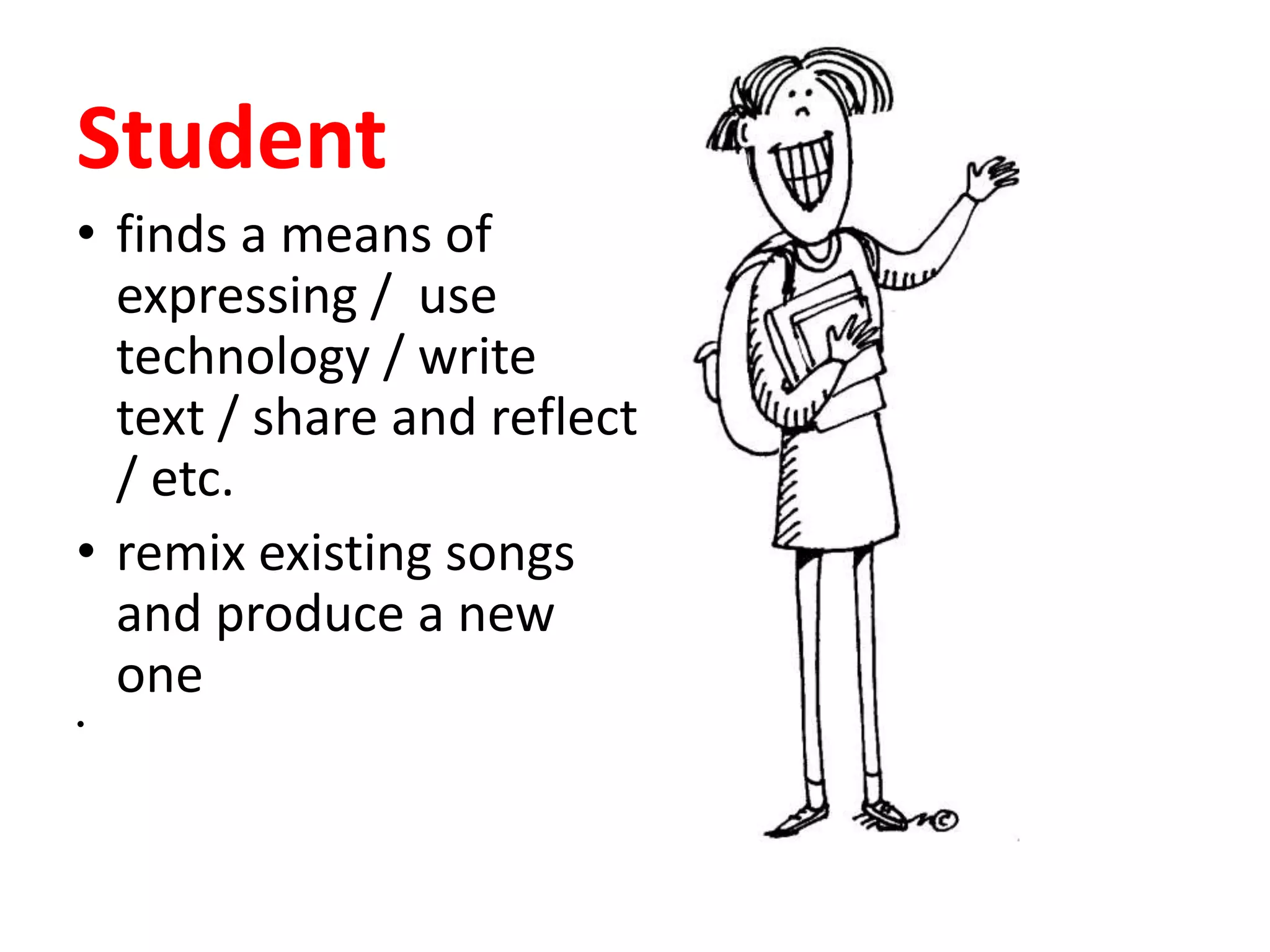 Studentfinds a means of expressing /  use technology / write text / share and reflect / etc. 
remix existing songs and produce a new one
Teacherstart log bookfor each student? 