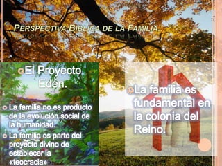 Perspectiva Bíblica de la Familia.El Proyecto Edén.La familia no es producto de la evolución social de la humanidad.La familia es parte del proyecto divino de establecer la «teocracia»».La familia es fundamental en la colonia del Reino.