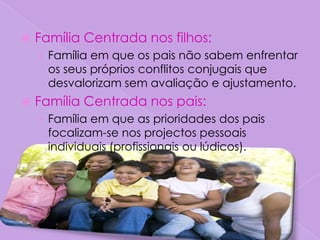    Família Centrada nos filhos:
    › Família em que os pais não sabem enfrentar
      os seus próprios conflitos conjugais que
      desvalorizam sem avaliação e ajustamento.
   Família Centrada nos pais:
    › Família em que as prioridades dos pais
      focalizam-se nos projectos pessoais
      individuais (profissionais ou lúdicos).
 