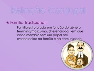    Família Tradicional :
       Família estruturada em função do género
        feminino/masculino, diferenciados, em que
        cada membro tem um papel pré
        estabelecido na família e na comunidade.
 