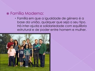    Família Moderna:
       Família em que a igualdade de género é a
        base da união, qualquer que seja o seu tipo.
        Há inter-ajuda e solidariedade com equilíbrio
        estrutural e de poder entre homem e mulher.
 
