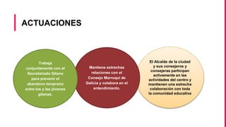 ACTUACIONES
El Alcalde de la ciudad
y sus consejeros y
consejeras participan
activamente en las
actividades del centro y
mantienen una estrecha
colaboración con toda
la comunidad educativa
Mantiene estrechas
relaciones con el
Consejo Marroquí de
Galicia y colabora en el
entendimiento.
Trabaja
conjuntamente con el
Secretariado Gitano
para prevenir el
abandono temprano
entre los y las jóvenes
gitanas.
 