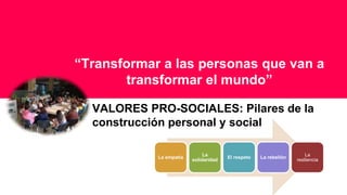 “Transformar a las personas que van a
transformar el mundo”
VALORES PRO-SOCIALES: Pilares de la
construcción personal y social
La empatía
La
solidaridad
El respeto La rebelión
La
resiliencia
 