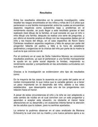 Resultados
Entre los resultados obtenidos en la presente investigación, cabe
resaltar los rasgos encontrados en los niños y niñas de 0 a 5 años que
pertenecen a una familia monoparental, entre los cuales se encuentran
aspectos negativos como autoestima baja y problemas en el
rendimiento escolar, se pudo llegar a este resultado gracias al test
realizado (test dibujo de la familia), el cual consiste en que el niño o
niña dibuje una familia, después se realiza una serie de preguntas, y
por último el docente analiza el dibujo con las respuestas dadas por el
niño y los trazos del dibujo, en el caso especifico de Kevin Darío
Cárdenas resaltaron aspectos negativos y falta de apoyo por parte del
progenitor faltante (el padre), y falta a la hora de establecer
parámetros y exigencias en la crianza del niño por parte de la madre la
cual es la que convive con él.
Por el contrario en el caso de Sofía Valentina Moreno se conocieron
resultados positivos, ya que el pertenecer a una familia monoparental
le ayudo en su parte social dejando la timidez, mejorando su
rendimiento escolar y compartiendo en las actividades curriculares con
sus pares.
Gracias a la investigación se evidenciaron otro tipo de resultados
como:
En la mayoría de los casos la ausencia es por parte del padre en el
núcleo monoparental, lo que indica que la variable género va a tener
un peso importante en el desarrollo del niño, debido a los roles
establecidos que desempeña cada uno de los progenitores con
relación hacia el menor.
A pesar de estas circunstancias el niño y la niña se van adaptando a
este cambio de núcleo en el cual conviven con un solo progenitor y
aprenden a aceptar esta situación, no obstante el menor tiene
alteraciones en su desarrollo y en ocasiones intenta llamar la atención
de los adultos que lo rodean, para no sentirse apartados.
Lo anterior lo pudimos observar en el caso analizado de Mariana
Echeverry la cual vive con su madre y una nueva persona ajena a su
 