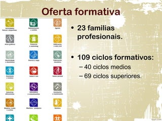 Oferta formativa
• 23 familias
profesionais.
• 109 ciclos formativos:
– 40 ciclos medios
– 69 ciclos superiores.
 