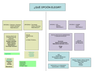 ¿QUÉ OPCIÓN ELEGIR?




OPCIÓN A: Biología y Geología         OPCIÓN B: Tecnología           OPCIÓN C: EPV                        OPCIÓN D: ALEMÁN
          Física y Química                      Física y Química               MÚSICA                               LATÍN
                                                Matemáticas B                  Matemáticas A                        Matemáticas A
          Matemáticas B




                                         CICLOS                        BACHILLERATOS DE HUMANIDADES
     BACHILLERATO DE                     FORMATIVOS                         Y CIENCIAS SOCIALES.
     LA MODALIDAD DE                     DE
           CIENCIAS
     Y TECNOLOGÍAS.                      LA RAMA TÉCNICA      .                                                         CICLOS
     Biología y Geología                                                           Economía
                                                                                                                      FORMATIVOS
      - Dibujo Técnico I                                                     Historia contemporánea
                                                                                                                      NO TÉCNICOS
      - Física y Química                                                 Matemáticas aplicadas a las cs
        - Matemáticas I
  - Tecnología Industrial I                                                         Griego
                                                                                     Latín



                                               Enfermería
  Ingenierías                                   Farmacia
                                               Fisioterapia                     ADE
                                               Logopedia                      ECONOMÍA
                                                                        RELACIONES LABORALES
                                                                           TRABAJO SOCIAL
     Biología
    Bioquímica                                                                                                 Maestro, Filología, Historia, filosofía
    Estadística                                                                                                   Traducción e interpretación,
                              Electricidad                                                                                 Bellas artes.
      Física                  Automoción
     Geología                                                                                                                 Diseño.
                              Informática                                                                                    filologías
                              Energía y agua                          SERVICIOS A LA COMUNIDAD
   Matemáticas                                                          HOSTELERÍA Y TURISMO
 