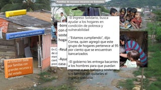Familias de escasos recursos en Colombia
En Colombia la mayoría de habitantes
de ciertas comunidades son niños
menores de edad en donde pasan
cierta escases de aseo, alimentación y
prendas de vestir
-bonos o colaboraciones
con dinero para es
sostenimiento de sus
hogares
-Reubicación de su familia
-Ayuda para los hombres de
casa para un trabajo
-El Ingreso Solidario, busca
ayudar a los hogares en
condición de pobreza y
vulnerabilidad
-“Estamos cumpliendo”, dijo
Correa, quien agregó que este
grupo de hogares pertenece al 95
por ciento que se encuentran
bancarizados
-El gobierno les entrega bacantes
a los hombres para que puedan
ingresar a aun trabajo y sostener
sus familias sin quitarles el
ingreso solidario
 