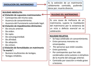DISOLUCION DEL MATRIMONIO
Es la extinción de un matrimonio
válidamente contraído, pudiendo
darse por: muerte divorcio.
NULIDAD DEL MATRIMONIO
Es una causa de ineficacia de un
matrimonio, supone la invalidación
del matrimonio por la existencia de
un vicio o defecto esencial en su
celebración.
NULIDAD ABSOLUTA:
a) Violación de supuestos matrimoniales:
• Contrayentes del mismo sexo.
• Ausencia de consentimiento.
• Ausencia del Funcionario autorizado legal.
b) Violación de impedimentos dirimentes:
• De vínculo anterior.
• De orden.
• De rapto.
• De consanguineidad.
• De afinidad.
• De adopción.
• De crimen.
c) Violación de formalidades en matrimonio
“in mortis”:
• Numero insuficientes de testigos.
• Testigos inhábiles.
NULIDAD RELATIVA
• Se haya celebrado sin consentimiento.
• Entre personas menores no
emancipadas.
• Por personas que están casadas.
• Entre parientes.
• Por contrayentes que han sido
condenados como autores o cómplices
de la muerte del cónyuge anterior.
• Contraído por coacción o miedo grave
o lesiones.
 
