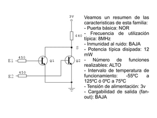 Veamos un resumen de las caracteristicas de esta familia: - Puerta básica: NOR - Frecuencia de utilización típica: 8MHz - Inmunidad al ruido: BAJA - Potencia típica disipada: 12 mW - Número de funciones realizables: ALTO - Intervalo de temperatura de funcionamiento: -55ºC a 125ºC ó 0ºC a 75ºC - Tensión de alimentación: 3v - Cargabilidad de salida (fan-out): BAJA 