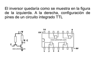 El inversor quedaría como se muestra en la figura de la izquierda. A la derecha, configuración de pines de un circuito integrado TTL 