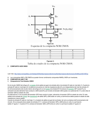 Figura (e)
Figura(e.1)
D. COMPUERTA NOR CMOS
Leer más: http://www.monografias.com/trabajos45/familias-logicas-electronica/familias-logicas-electronica2.shtml#ixzz33bV3SFgc
A. Las compuertas AND y OR CMOS se pueden formar combinando compuertas NAND y NOR con inversores.
B. COMPUERTAS AND Y OR
C. Compuerta de Tres Estados CMOS
En el circuito CMOS de la figura (f), el estado de la salida es igual a la entrada sólo si la entrada B1 está en nivel alto (1). Cuando la
entrada B1 está en nivel bajo (0), la salida se encuentra en nivel de impedancia alta (Z) y es independiente del nivel de entrada A1.
En el funcionamiento del circuito interno de la figura (f), en el estado de entrada B1=0 conduce el transistor QP1 (canal P) y la
activación de este elemento hace conducir a QN3 (canal N); por lo tanto el drenador QN3 queda a un potencial de 0 V y esto sitúa al
transistor QN5 en estado de corte.
El potencial de 0 V en la puerta del transistor QP3 hace conducir a éste, colocando al transistor QP5 en estado de corte. En este
estado de la entrada de control, los transistores de salida QP5 y QN5 están en corte y el terminal de salida queda en estado de alta
impedancia o tercer estado.
Cuando la entrada B1 está en nivel bajo (1), el estado de salida es igual de la entrada, tal como se deduce del funcionamiento del
circuito. Si la compuerta tiene estado de entrada A1=1, conduce el transistor QP5 y QN5 entra en corte, lo cual hace la
salida C1 igual a 1. Cuando A1=0, conduce el transistor QN5 y QP5 entra en corte, lo cual hace la salida C1 igual a 0.
 