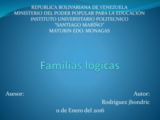 REPUBLICA BOLIVARIANA DE VENEZUELA
MINISTERIO DEL PODER POPULAR PARA LA EDUCACIÓN
INSTITUTO UNIVERSITARIO POLITECNICO
“SANTIAGO MARÍÑO”
MATURIN EDO. MONAGAS
Asesor: Autor:
Rodriguez jhondric
11 de Enero del 2016
 