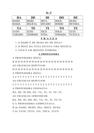 D / T
DA DE DI DO DU
DADO DEDO DIVA DOCE DUDA
DAMA DELÍCIA DITADO DOIDO DÚVIDA
TA TE TI TO TU
TATO TETO TICO TOLO TUTU
TARADO TEIMOSO TITIA TOMADA TUTUCA
F R A S E S
1. O DADO É DE DUDA OU DE DIVA?
2. O DOCE DA TITIA ESTAVA UMA DELÍCIA.
3. TICO É UM MENINO TEIMOSO.
A PROFESSORA
A PROFESSORA DIZIA:
D D D D D D D D D D D D D D D D D D D D D D
AS CRIANÇAS REPETIAM:
D D D D D D D D D D D D D D D D D D D D D D
A PROFESSORA DIZIA:
T T T T T T T T T T T T T T T T T T T T T T T T
AS CRIANÇAS REPETIAM:
T T T T T T T T T T T T T T T T T T T T T T T T
A PROFESSORA ENSINAVA:
DA, DE, DI DO, DU, TA, TE, TI, TO ,TU
AS CRIANÇAS APRENDIAM:
DA, DE, DI, DO, DU, TA, TE, TI, TO TU
E A PROFESSORA COMPLETAVA:
D de DADO, DEDO, DIA, DOCE, DUDA
T de TATO, TETO, TIA, TOCA, TUCO
 