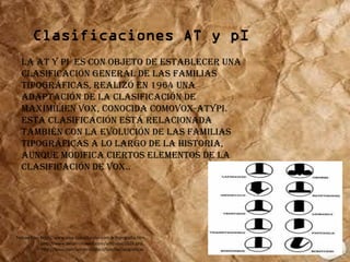 Clasificaciones AT y pI
  La AT Y PI es con objeto de establecer una
  clasificación general de las familias
  tipográficas, realizó en 1964 una
  adaptación de la clasificación de
  Maximilien Vox, conocida comoVOX-ATypI.
  Esta clasificación está relacionada
  también con la evolución de las familias
  tipográficas a lo largo de la historia,
  aunque modifica ciertos elementos de la
  clasificación de VOX..




Tomado de: http://www.sma-capacitacion.com.ar/tipografia.htm,
           http://www.desarrolloweb.com/articulos/1626.php,
           http://issuu.com/annymal/docs/familiastipograficas
 