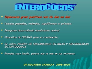  Diplococos gram positivos van de dos en dosDiplococos gram positivos van de dos en dos
 Colonias pequeñas, redondas, cupuliformes al principioColonias pequeñas, redondas, cupuliformes al principio
 Envejecen desarrollando hundimiento centralEnvejecen desarrollando hundimiento central
 Necesitan de COLINA para su crecimiento.Necesitan de COLINA para su crecimiento.
 Se utiliza PRUEBA SE SOLUBILIDAD EN BILIS Y SENSIBILIDADSe utiliza PRUEBA SE SOLUBILIDAD EN BILIS Y SENSIBILIDAD
EN OPTOQUINAEN OPTOQUINA
 Grandes coco bacilo, parece que se une en sus extremosGrandes coco bacilo, parece que se une en sus extremos
DR EDUARDO CHANCAY 2008-2009
 