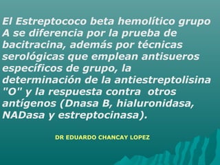 El Estreptococo beta hemolítico grupo
A se diferencia por la prueba de
bacitracina, además por técnicas
serológicas que emplean antisueros
específicos de grupo, la
determinación de la antiestreptolisina
"O" y la respuesta contra otros
antígenos (Dnasa B, hialuronidasa,
NADasa y estreptocinasa).
DR EDUARDO CHANCAY LOPEZ
 