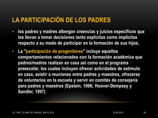 LA PARTICIPACIÓN DE LOS PADRES
• los padres y madres albergan creencias y juicios específicos que
los llevan a tomar decisiones tanto explícitas como implícitas
respecto a su modo de participar en la formación de sus hijos.
• La "participación de progenitores" incluye aquellos
comportamientos relacionados con la formación académica que
padres/madres realizan en casa así como en el programa
preescolar, los cuales incluyen ofrecer actividades de estímulo
en casa, asistir a reuniones entre padres y maestros, ofrecerse
de voluntarios en la escuela y servir en comités de consejería
para padres y maestros (Epstein, 1996; Hoover-Dempsey y
Sandler, 1997)
22/05/2013LIC. PSIC. ELAINE DE VARGAS. MAYO 2013 24
 