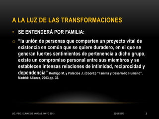 A LA LUZ DE LAS TRANSFORMACIONES
• SE ENTENDERÁ POR FAMILIA:
o “la unión de personas que comparten un proyecto vital de
existencia en común que se quiere duradero, en el que se
generan fuertes sentimientos de pertenencia a dicho grupo,
existe un compromiso personal entre sus miembros y se
establecen intensas relaciones de intimidad, reciprocidad y
dependencia” Rodrigo M. y Palacios J. (Coord.) “Familia y Desarrollo Humano”.
Madrid: Alianza, 2003.pp. 33.
22/05/2013LIC. PSIC. ELAINE DE VARGAS. MAYO 2013 3
 