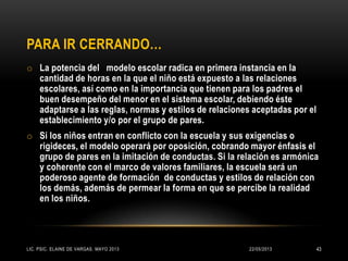 PARA IR CERRANDO…
o La potencia del modelo escolar radica en primera instancia en la
cantidad de horas en la que el niño está expuesto a las relaciones
escolares, así como en la importancia que tienen para los padres el
buen desempeño del menor en el sistema escolar, debiendo éste
adaptarse a las reglas, normas y estilos de relaciones aceptadas por el
establecimiento y/o por el grupo de pares.
o Si los niños entran en conflicto con la escuela y sus exigencias o
rigideces, el modelo operará por oposición, cobrando mayor énfasis el
grupo de pares en la imitación de conductas. Si la relación es armónica
y coherente con el marco de valores familiares, la escuela será un
poderoso agente de formación de conductas y estilos de relación con
los demás, además de permear la forma en que se percibe la realidad
en los niños.
22/05/2013LIC. PSIC. ELAINE DE VARGAS. MAYO 2013 43
 