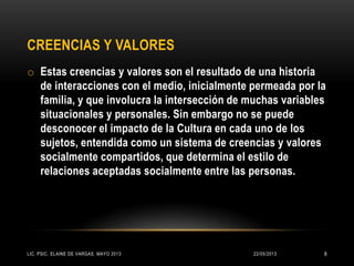 CREENCIAS Y VALORES
o Estas creencias y valores son el resultado de una historia
de interacciones con el medio, inicialmente permeada por la
familia, y que involucra la intersección de muchas variables
situacionales y personales. Sin embargo no se puede
desconocer el impacto de la Cultura en cada uno de los
sujetos, entendida como un sistema de creencias y valores
socialmente compartidos, que determina el estilo de
relaciones aceptadas socialmente entre las personas.
22/05/2013LIC. PSIC. ELAINE DE VARGAS. MAYO 2013 8
 